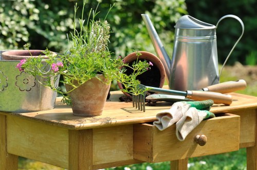 Worker pruning shrubs with protective gear in a backyard